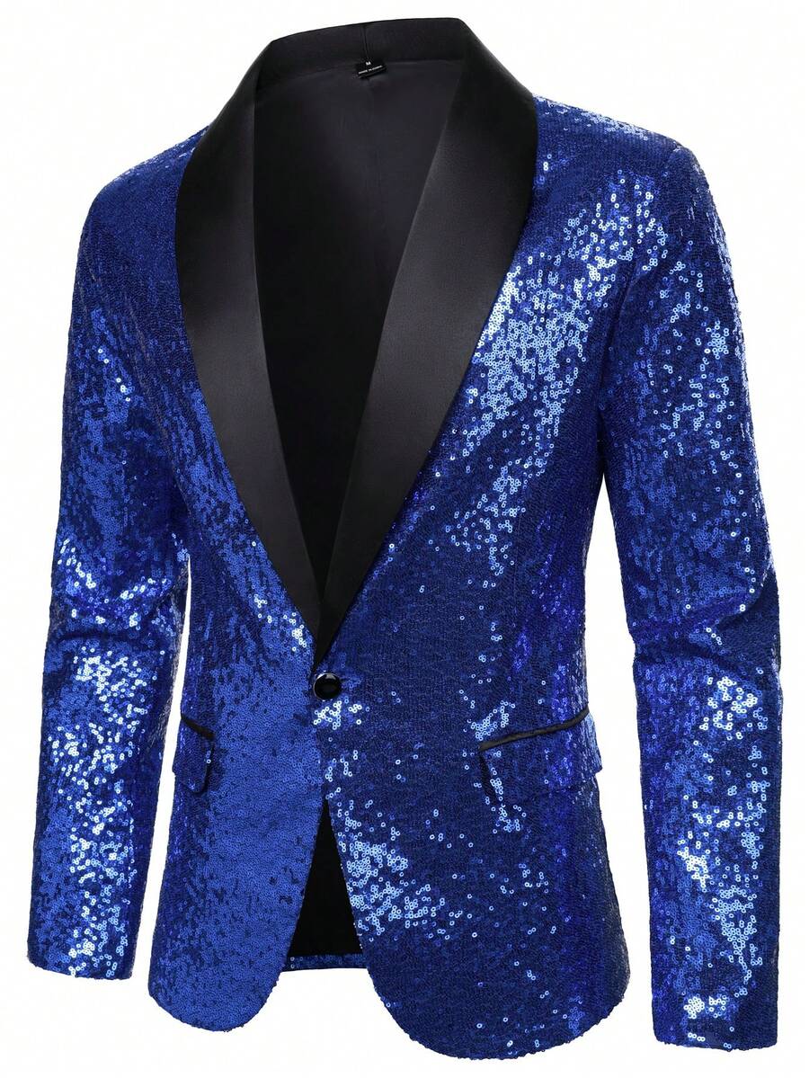 Manfinity AFTRDRK Blazer de un solo botón con solapa de color contrastante y lentejuelas para hombre, para ceremonia, formal - azul real - Ver 1