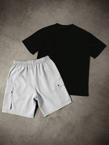 Manfinity Homme Men's Contrast Color Pocket Short Sleeve T-Shirt And Cargo Shorts Set - Multicolor - View 2