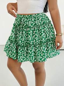 SHEIN Essnce Plus-Size Women's Green Summer Boho Holiday Floral Print Elastic Waistband Skirt Pants,Casual Sportswear Loose Comfortable Tennis Anti-Exposure Skirt - Green - View 4