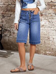 EMERY ROSE Plus Size Women's Button Front Dual Pocket Casual Denim Shorts - Blue - View 6