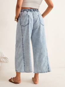 Freevana Women's Plus Size Light Blue Denim Culottes,High Waist Elastic Wide Leg Jeans,Vertical Seam Soft Breathable Cropped Pants,Summer Boho Everyday Style - Blue - View 3