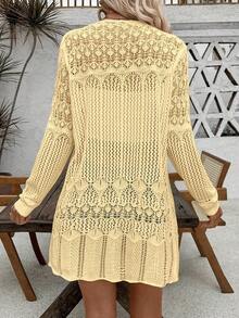 SHEIN LUNE Women's Casual Solid Color Hollow Out Long Sleeve Loose Cardigan - Yellow - View 2