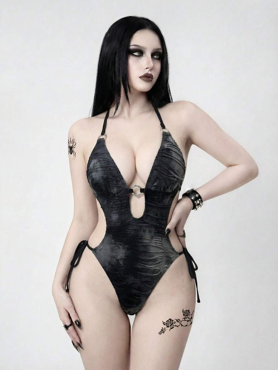 ROMWE Goth 女士露背吊带无袖镂空修身连体泳衣，夏季时尚之选 - 黑色 - 查看 1