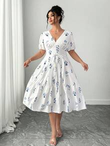 SHEIN Elenzya Große Größen V-Ausschnitt weißes Blumenprint Midi Kleid - Blau - Übersicht 8