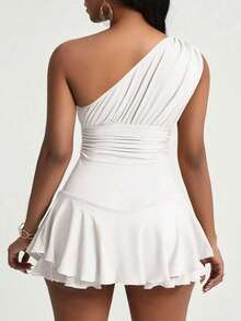 Zolique Women's Summer Solid Color Asymmetrical Neck Ruffle Trimmed Skinny Jumpsuit - White - View 2