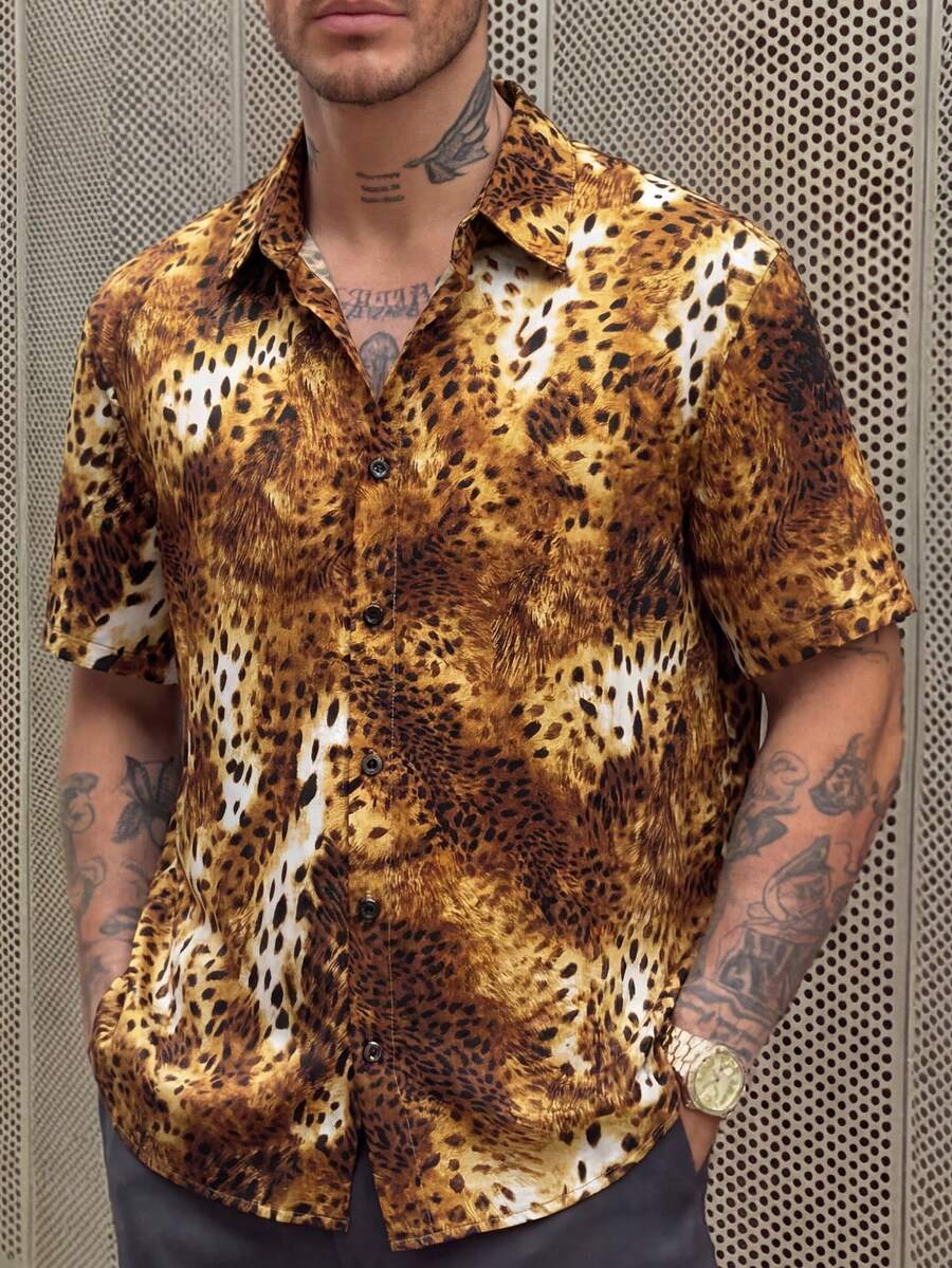 HIMLAND Men's Fashion Raglan Short Sleeve Front Button Leopard Print Shirt