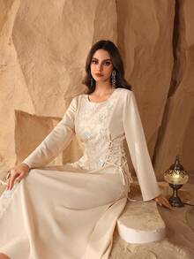 Al Najma Đầm kiểu Ả Rập cổ tròn thanh lịch đính sequin và thêu dành cho phụ nữ - Màu be - Xem 3