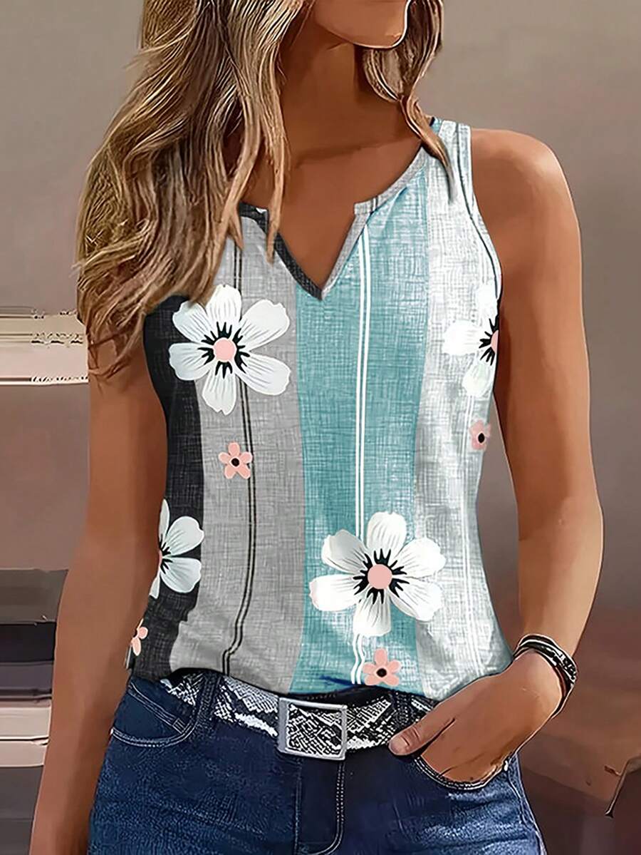 EMERY ROSE Women's Summer Printed V-Neck Sleeveless Button-Up Top, Elegant Collar Design Slim Fit Casual Vest - Multicolor - View 1