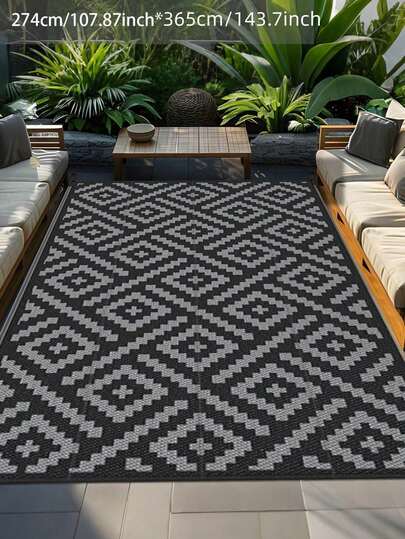 1 pieza Alfombra exterior de 5'x8' para patio, alfombra impermeable de plástico reversible, para camping, caravana, porche, terraza, campistas, balcón, patio trasero, color negro y gris