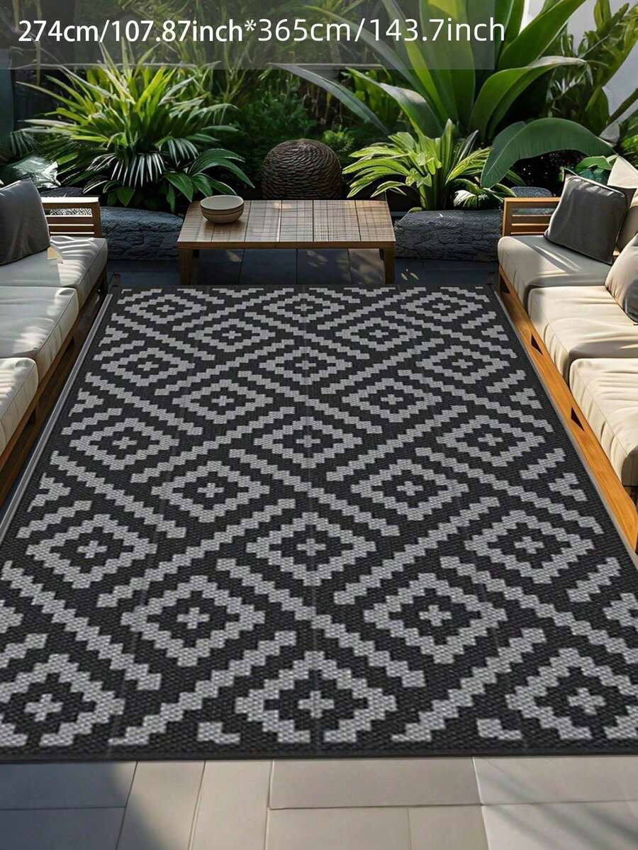 1pc 5'x8' Outdoor Rug For Patio , Waterproof Mat, Double-Sided Plastic Camping Rug, RV, Porch, Deck, Campers, Balcony, Backyard, Black And Gray - A - View 1