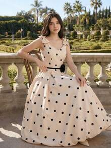 Vestido de lunares con cuello en V y sin mangas con decoración floral 3D, vestidos elegantes de primavera para mujeres, vestidos de lunares para mujer - Albaricoque - Ver 1