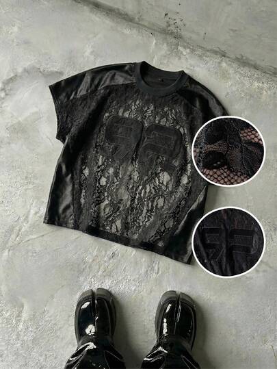 NEON BLANC Men's Summer Casual Loose Tank Top, Black Lace Patchwork With Size Label Embroidery