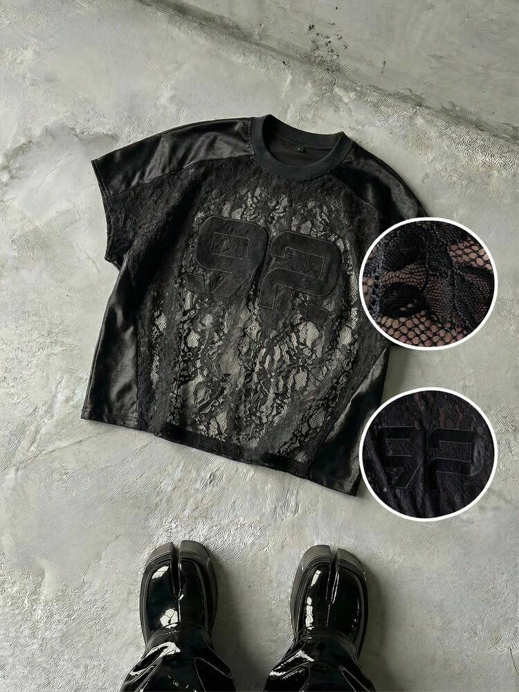 Men's Summer Casual Loose Tank Top, Black Lace Patchwork With Size Label Embroidery