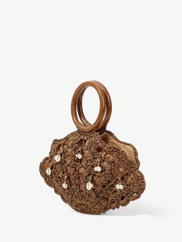 SHEIN Maija Ladies, Women Top Handle Bags, Straw Bag, Straw Woven Bag, Faux Pearls, Marine-Themed Ornaments, Fashionable, Elegant, Simple, Personalized, Versatile, For Beach, Vacation, Holiday, Summer, Seaside, Beach Party