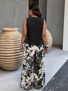 Weeklong Conjunto de 2 piezas de top corto sin mangas con volantes y pantalones de pierna ancha, talla grande, estilo casual de verano - Negro - Ver 2