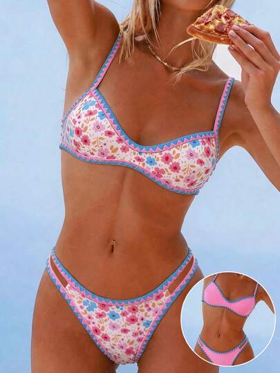 Swim Mod Bộ bikini hai mảnh kiểu dáng mới nhất mùa hè, phối màu hoa văn ngọt ngào kiểu Âu và Mỹ, viền bèo nhún, cổ yếm, hở lưng, quần lọt khe cạp cao, đồ bơi gợi cảm cho bãi biển, kỳ nghỉ, tiệc tùng.