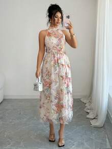 SHEIN Elenzya Đầm voan dài ngang gối họa tiết hoa pastel 3D thắt eo, kiểu dáng lãng mạn, thanh lịch, ôm sát, thích hợp cho hẹn hò và tiệc tùng. - Nhiều màu - Xem 6