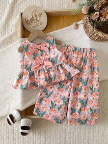 SHEIN LMoss Kids 女婴碎花印花无袖衬衫，饰有蝴蝶结，搭配松紧腰裤，两件套休闲套装 - 紫色 - 查看 1