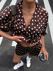 Muchica 女士棕色波点拼接侧边饰带运动休闲套装，夏季女士度假套装，女士夏季服装，女士假日套装，女士波点套装，女士套装 - 棕色 - 查看 4