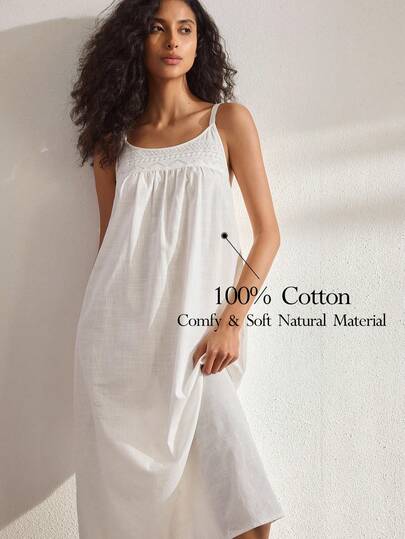 Ocili White Cotton Embroidered Hollow Floral Lace Trim Comfortable Casual Dress For Women