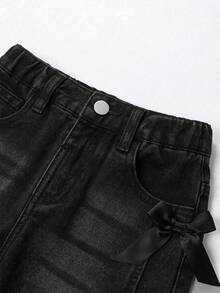 SHEIN 女童復古個性前片開衩水洗黑蝴蝶結寬腿修身百搭休閒牛仔褲，秋季款 - 黑色 - 查看 3