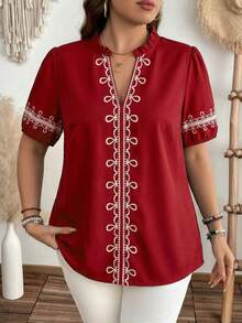 SHEIN LUNE Plus Size Women Red Floral Retro Print Blouse, Loose Fit V-Neck Puff Sleeve Top With Ruffle Design, Summer - Burgundy - View 1