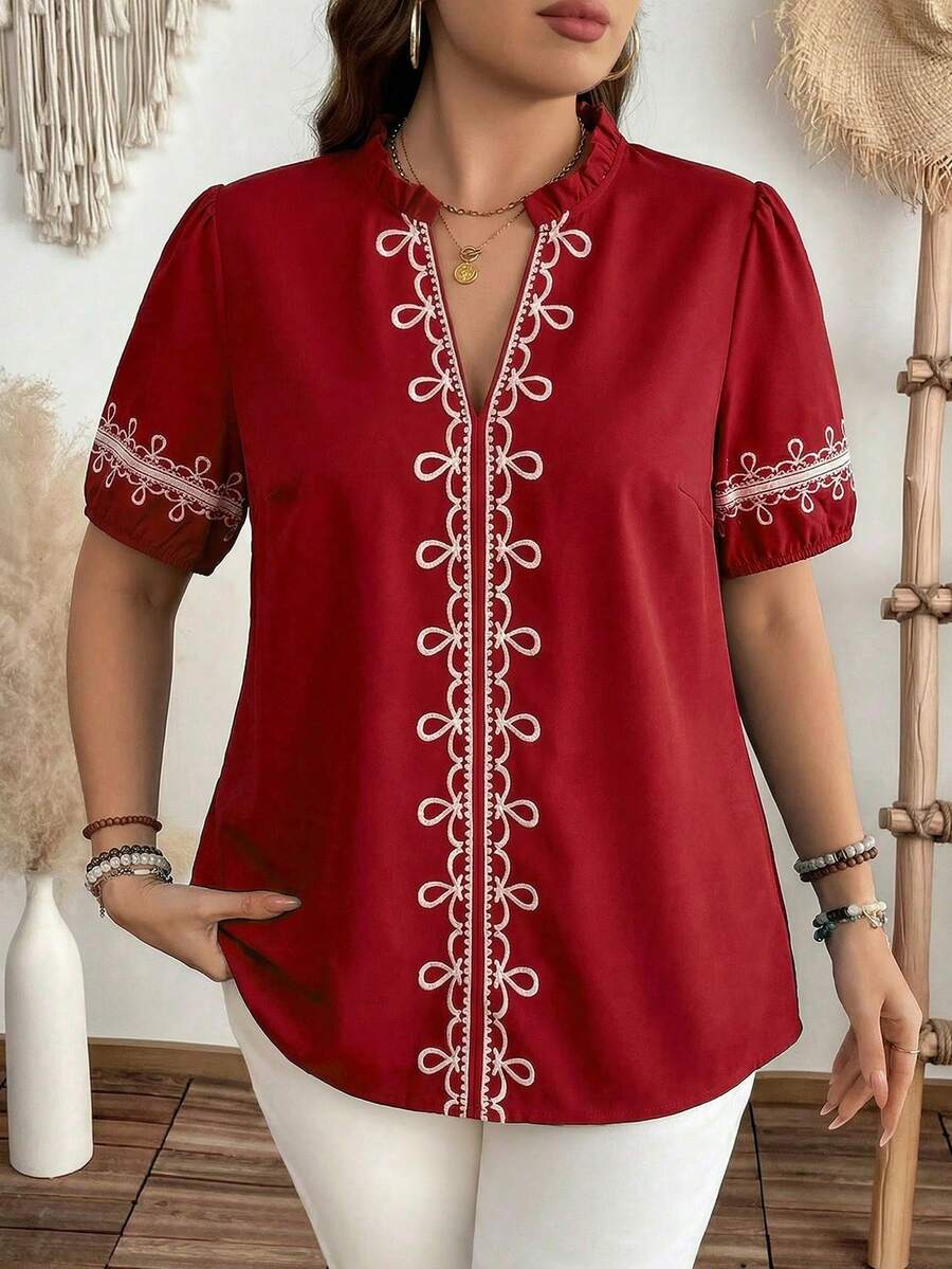 SHEIN LUNE Plus Size Women Red Floral Retro Print Blouse, Loose Fit V-Neck Puff Sleeve Top With Ruffle Design, Summer - Burgundy - View 1