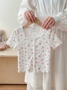 SHEIN LMoss Kids Young Girl's Casual Spring/Summer Knitted Ditsy Floral Square Neck Short Sleeve Top - White - View 1