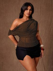 Rustia Plus Size Elegant Polka Dot Asymmetrical Shoulder Ruffle Blouse, Spring/Summer - Coffee Brown - View 6