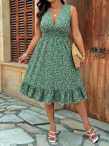 EMERY ROSE Plus Size Shirred Sleeveless Ditsy Floral Casual Dress With Ruffle Hem Decoration,Women Boho Random Print V Neck Shirred Sleeveless Plus Size Midi A Line Flounce Dress For Vacation, - Multicolor - View 3