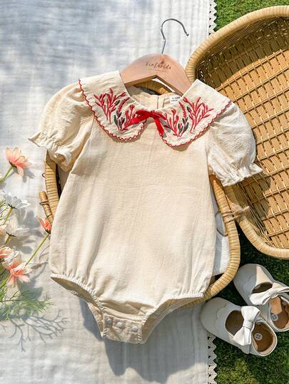 Vintaside Kids 1件女婴休闲花卉刺绣领可爱3D蝴蝶乡村风优雅百搭连体衣，面料柔软舒适，适合春夏穿着