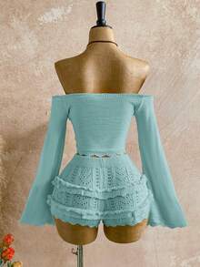 Soleia Conjunto de 2 piezas de suéter corto con mangas acampanadas y hombros descubiertos con lazo, y shorts de unicolor para mujer - verde menta - Ver 2