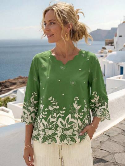 EMERY ROSE Women's Loose Floral Print Bell Sleeve Blouse, Work Shirt