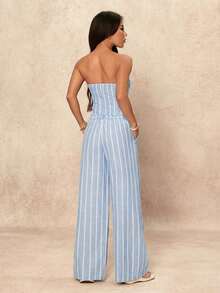 SHEIN PETITE 女款條紋單排扣抹胸上衣與寬腿褲兩件套 - 淺藍色 - 查看 2