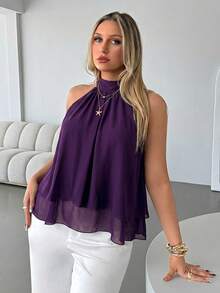 Auralis Plus Size Women Solid Color Pleated Halter Neck Camisole Tops For Chiffon Blouse Elegant Summer Latest Graduation Praia - Purple - View 2