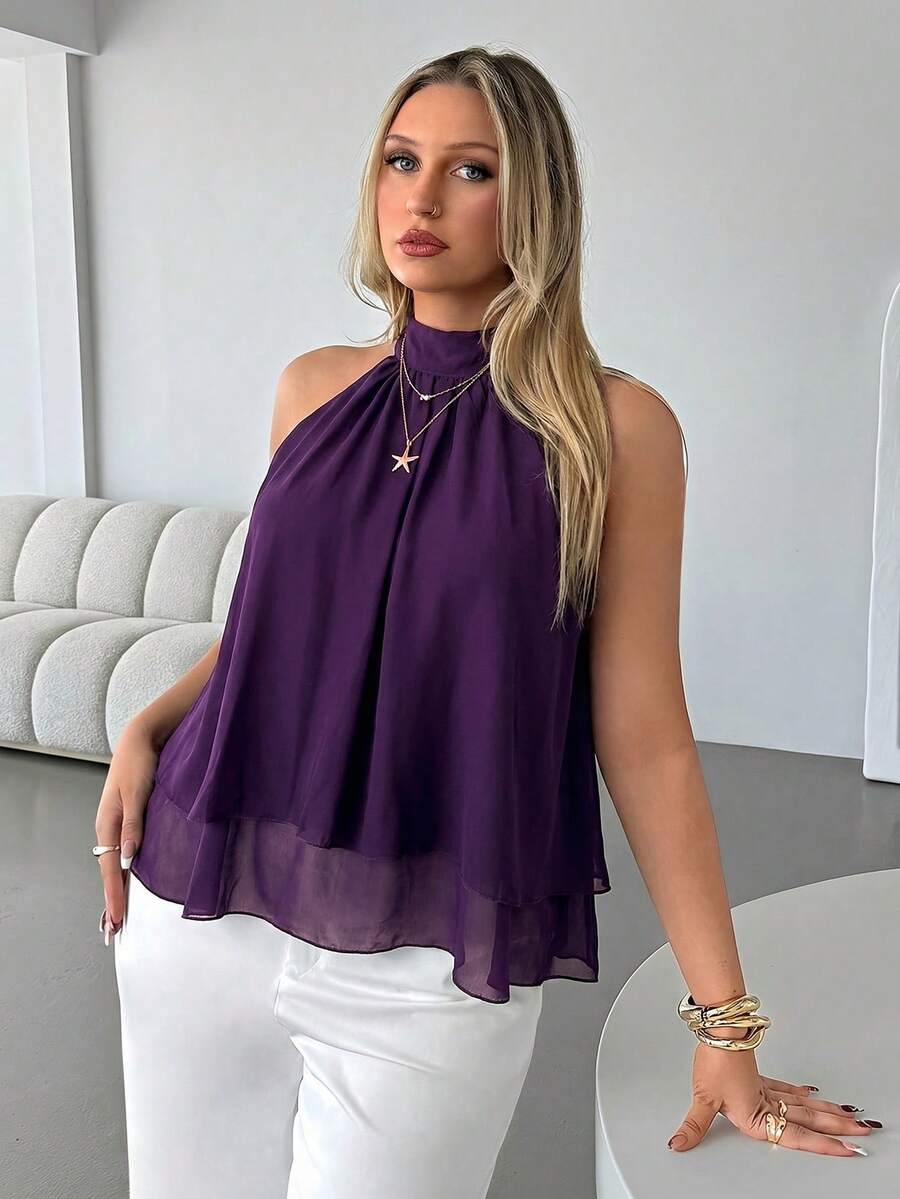 Auralis Plus Size Women Solid Color Pleated Halter Neck Camisole Tops For Chiffon Blouse Elegant Summer Latest Graduation Praia