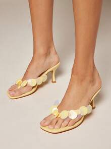 SHUZIA Sandal nữ quai ngang tối giản, trang trí họa tiết đồng xu kim loại, gót trung bình, thanh lịch, thích hợp dự tiệc tối. - Màu vàng - Xem 2