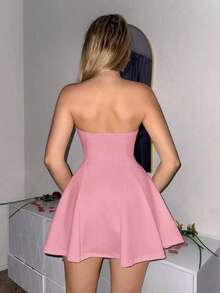 Sweetina Women's Solid Color Fitted Dress With Bow Decor And Flared Hem, Mini Length Pink Bow Dress,Party Dress - Pink - View 2