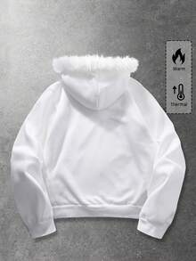 ROMWE MEN Goth Sweatshirt Hoodie Resleting Pria Warna Putih Kasual Musim Semi dengan Motif Slogan dan Kerah Bulu - Putih - View 2