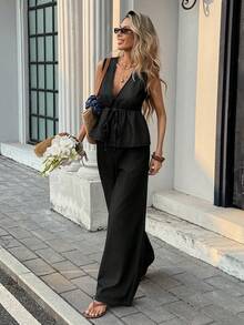 Serisse Women Sleeveless Top And Jeans Pants Set - Black - View 4