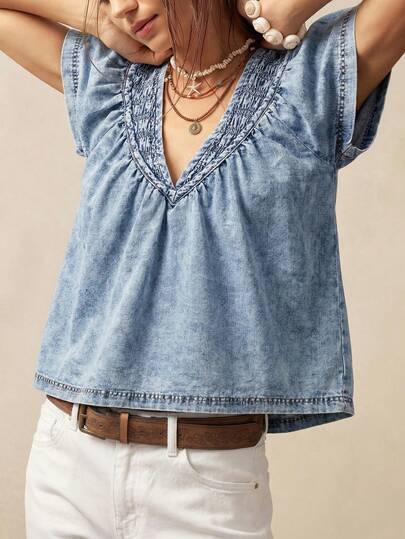 Bohemela New Women's Denim Top, Fashionable Washed V-Neck Denim Shirt, Light Blue. Summer Festival Outfits For Women Casual Blouse For Women Summer Holiday Outfits  Country Concert Outfit Zanzea Blouses For Women Tops To Wear With Jeans Women Demin Outfit Women Fashion Code Clothes For Ladies Discount Casual Tops For Women Womens Tops For Jeans Short Sleeve Top V-Neck Top Buissness Casual Women Tops Cowgirl Tops For Women  Mothers Day Outfit  Holiday Outfits