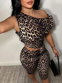 SHEIN SXY 休闲豹纹不对称系带上衣和修身七分裤套装 - 棕色 - 查看 3