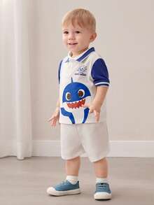 BABY SHARK X SHEIN Polo de manga corta con estampado de tiburón de dibujos animados para bebé niño - Azul - Ver 5