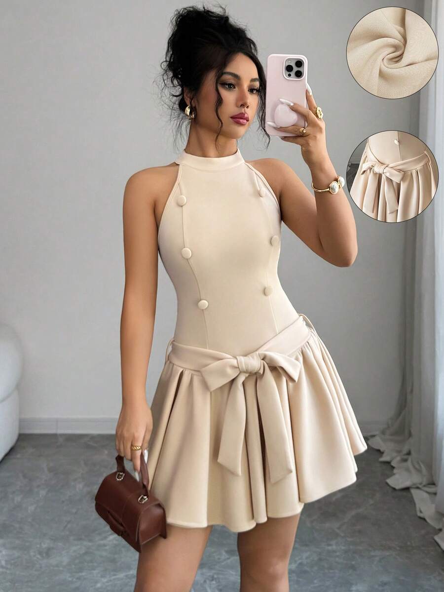 Elenzga Vestido mini de unicolor francés para dama gentil con cuello mao, cintura ceñida, falda plisada y acampanada, cinturón con lazo y botones decorativos, elegante, cómodo y romántico para uso diario y vacaciones - Caqui - Ver 1