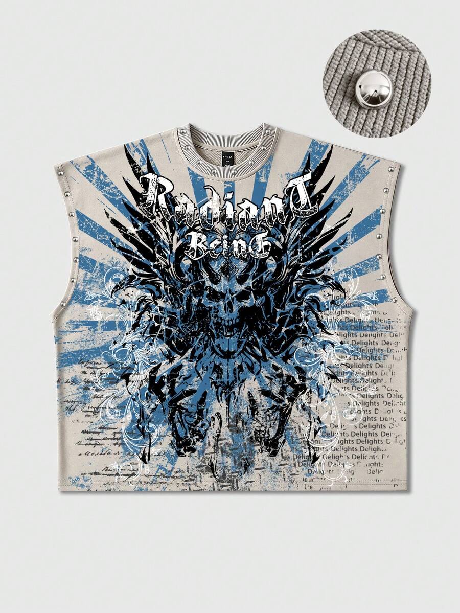 ROMWE MEN Street Life Men's Rivet Decor Eye Print Pattern Loose Fit Tank Top - Light Grey - View 1