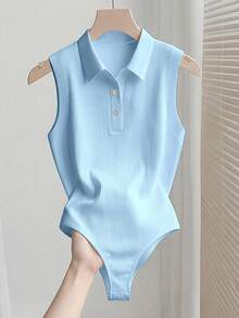 Franclia 优雅百搭翻领半拉链针织白色连体衣，女士春夏度假沙滩装 - 淺藍色 - 查看 3