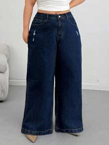 SHEIN Cottnline Women High-Rise Brown Wide Leg Plus Size Destroyed Detail Denim Jeans Spring - Dark Wash - View 4