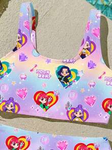 Cartoon Girl , Vibrant Purple, Cartoon Girl Group Swimwear Print Pattern, Tween Girl Casual Minimalist Camisole & Triangle Bikini Swimwear Set, Suitable For Summer - Multicolor - View 3