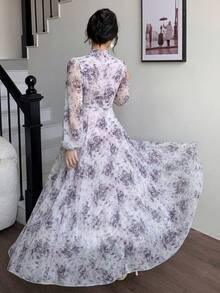 Modelyn 女士紫色系带领褶皱腰身连衣裙，适合春秋季户外穿着 - 紫色 - 查看 2