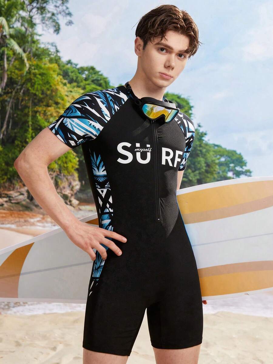 SHEIN 青少年男孩休閒拼色兩件式泳裝，含短褲與短袖上衣，適合海灘、衝浪、游泳，夏季青少年泳衣